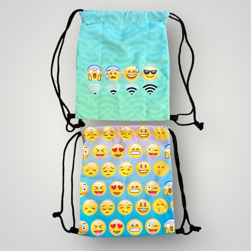 New! Set Of 2 Emoji Bags Size:13x14 Pool Bag, Play Date, Toy Bag, Gift Bag, Book